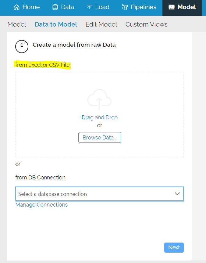 Image showing the Model menu option, the Data To Model menu option, the load screen for the Excel and the Next button